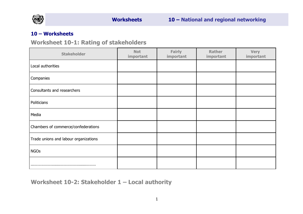 Worksheet 10-2: Stakeholder 1 Local Authority
