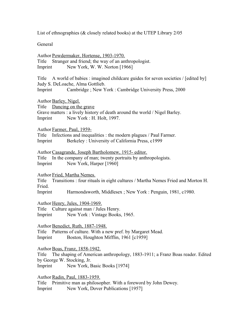 List of Ethnographies at the UTEP Library 2/05