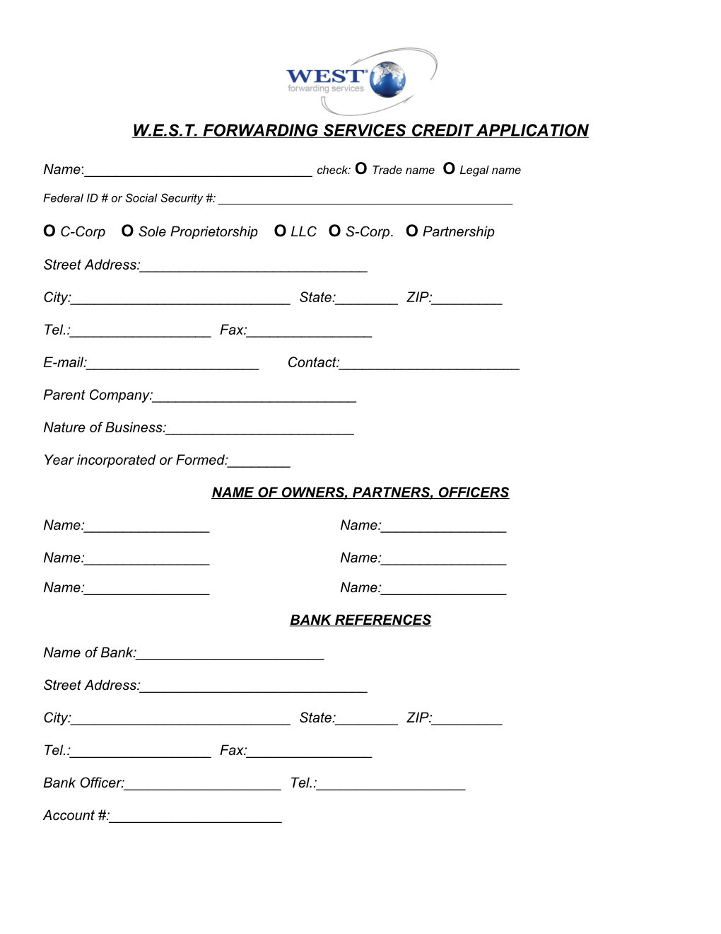 W.E.S.T. Forwarding Services Credit Application
