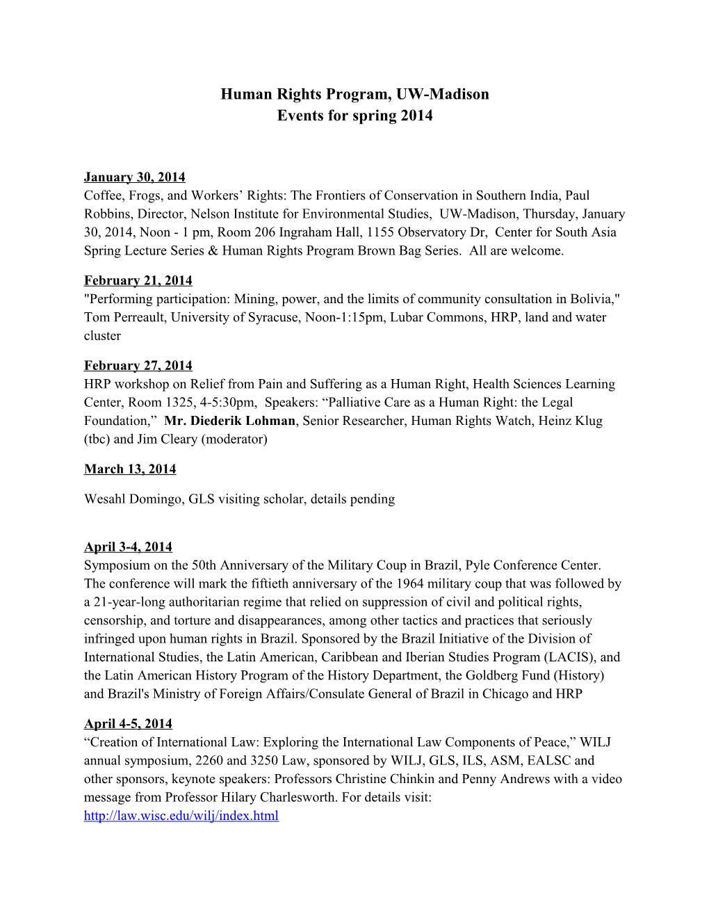 Human Rights Program, UW-Madison Events for Spring 2014