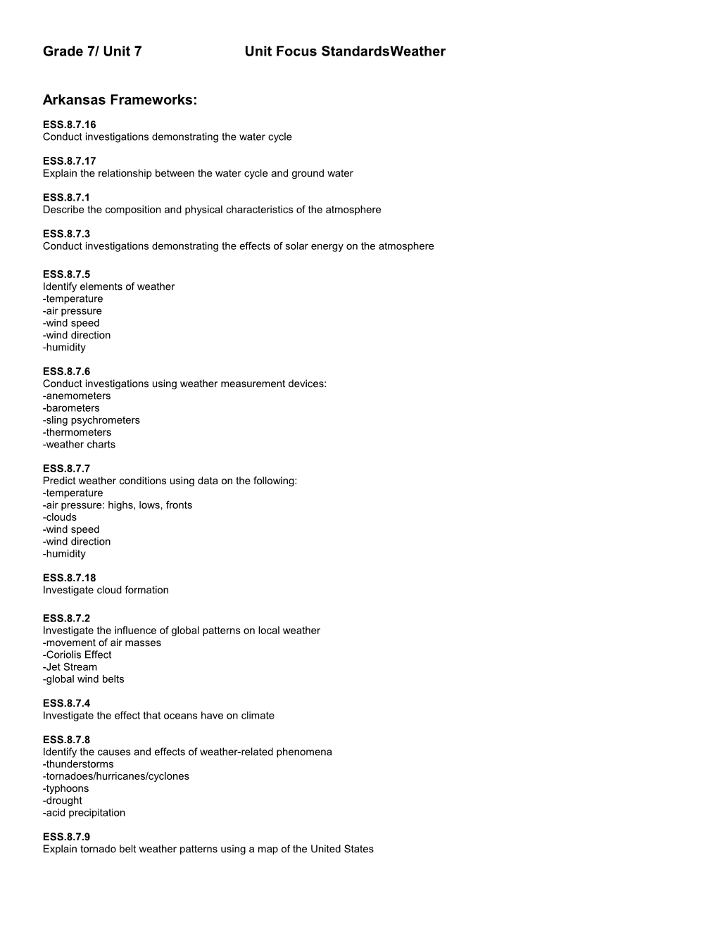 Grade 7/ Unit 7Unit Focus Standards Weather