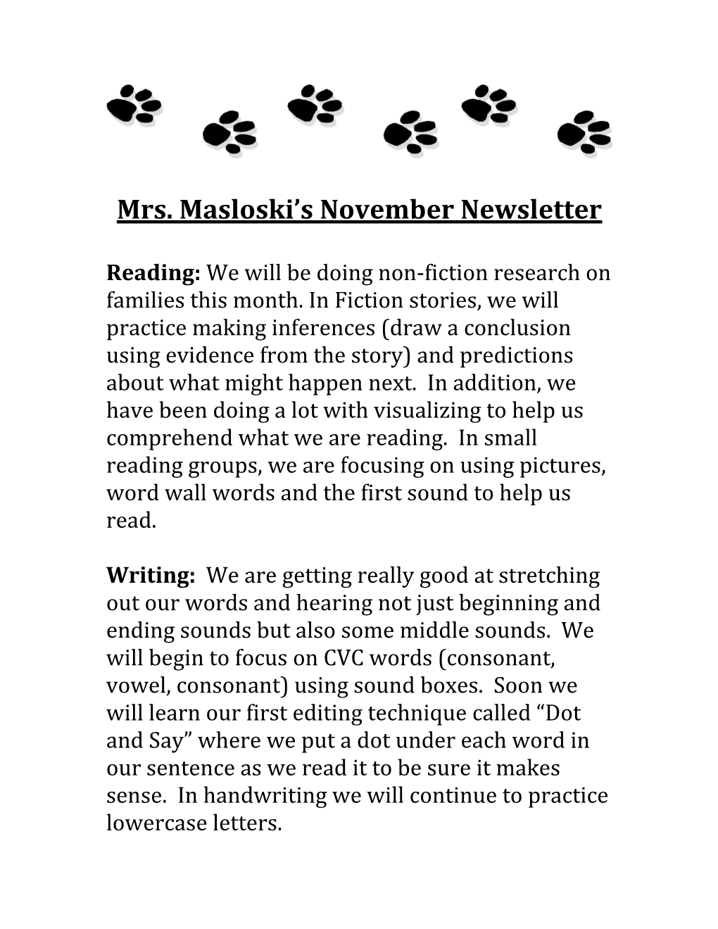 Mrs. Masloski Snovember Newsletter