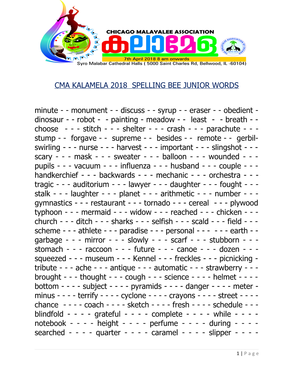 Cma Kalamela 2018 Spelling Bee Junior Words