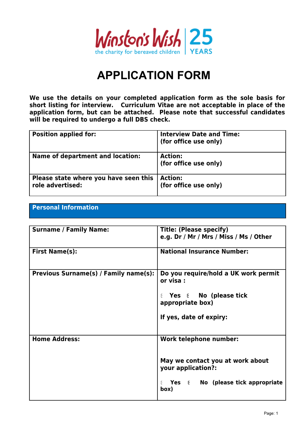 Spurgeon's Application for Employment Pack