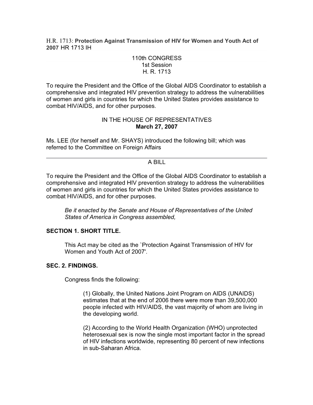 H.R. 1713: Protection Against Transmission of HIV for Women and Youth Act of 2007 HR 1713 IH