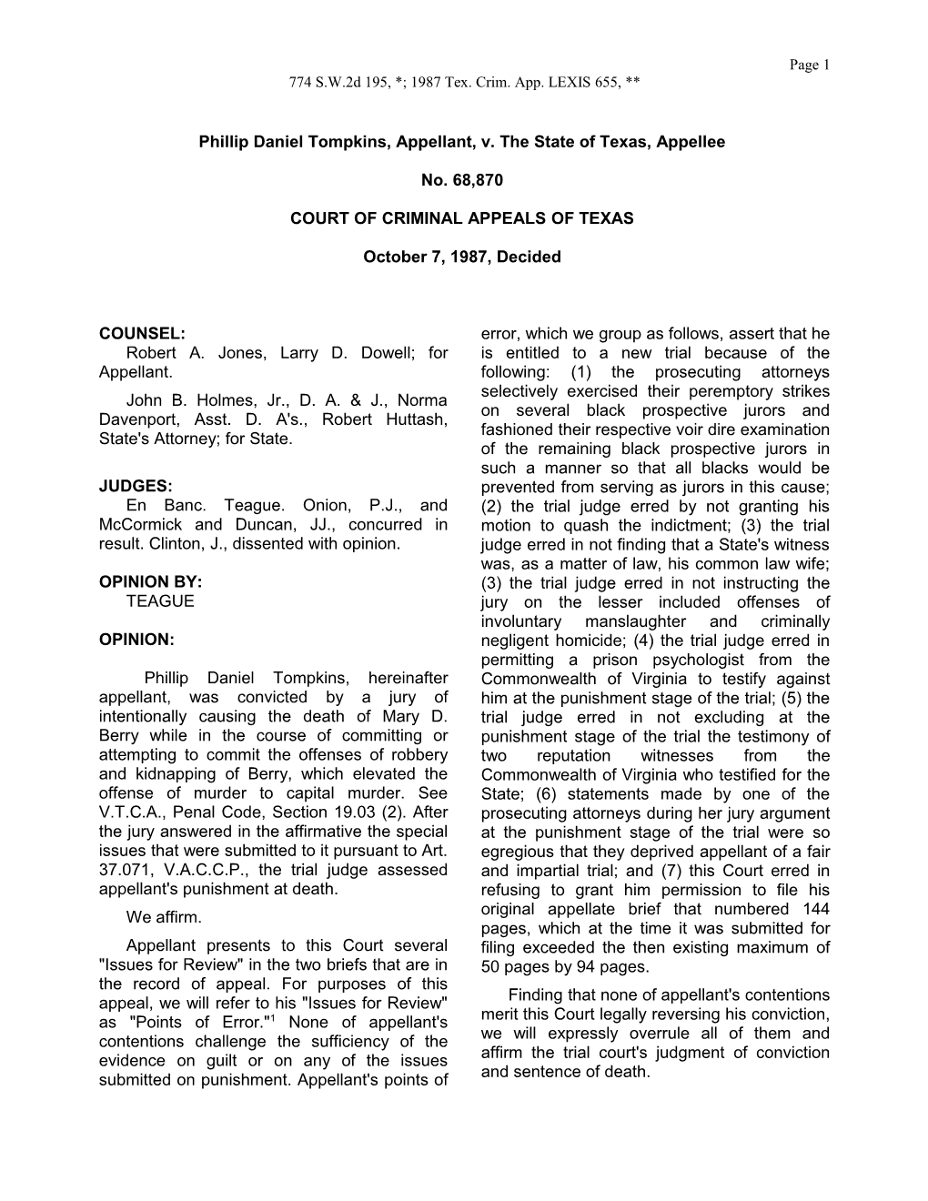 Phillip Daniel Tompkins, Appellant, V. the State of Texas, Appellee