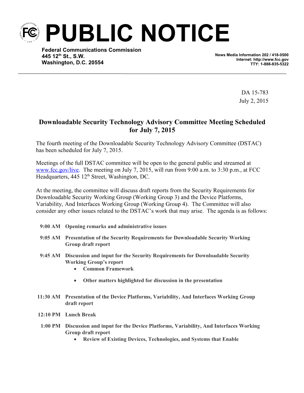 Downloadable Security Technology Advisory Committee Meeting Scheduled for July 7, 2015