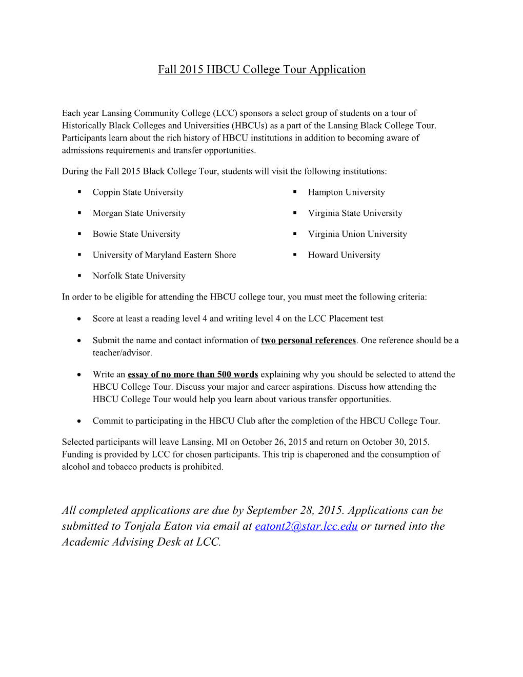 Fall 2015 HBCU College Tour Application