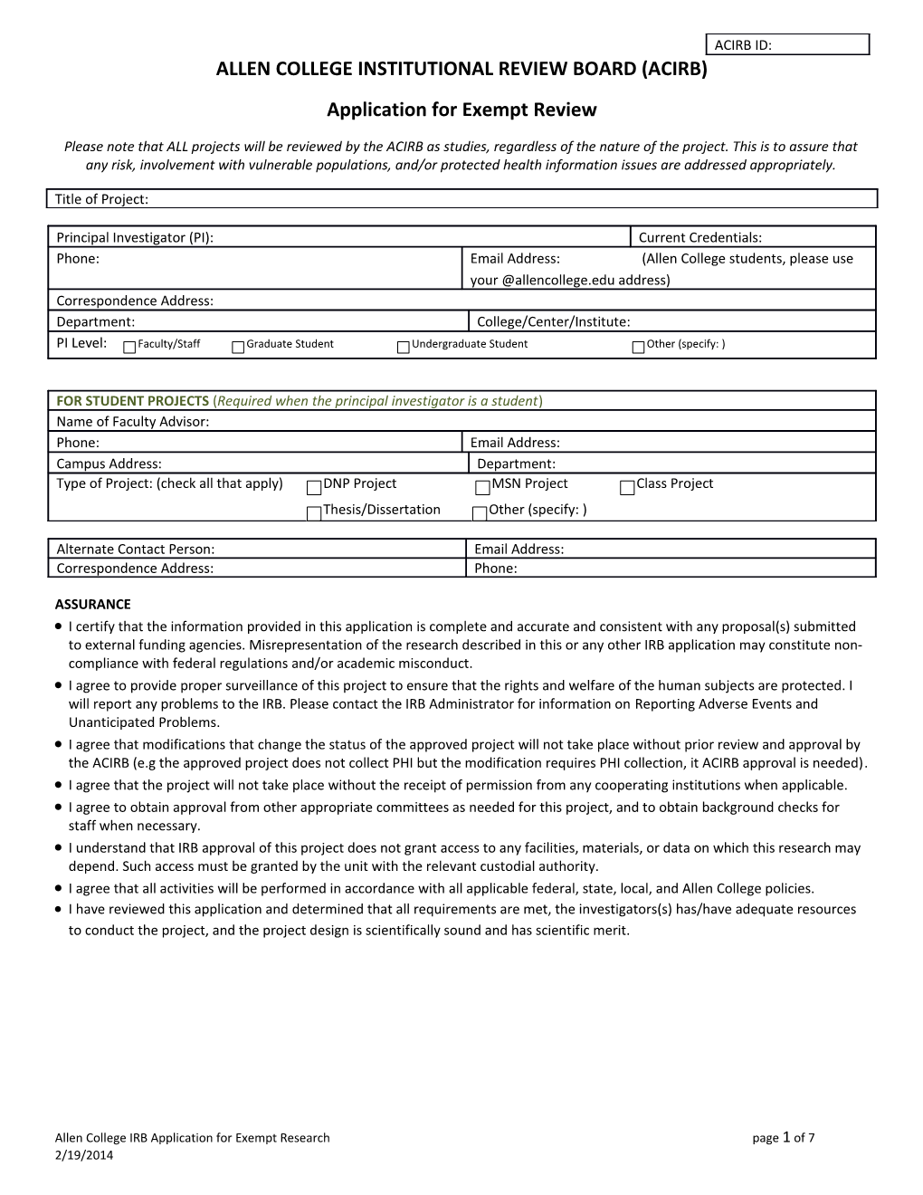 Allen College Institutional Review Board (Acirb)