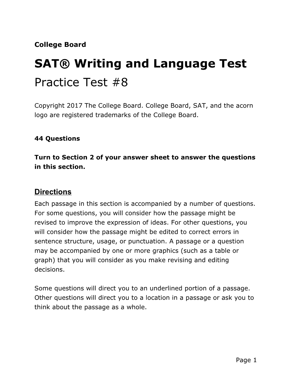 SAT Practice Test 8 for Assistive Technology Writing and Language Test SAT Suite of Assessments