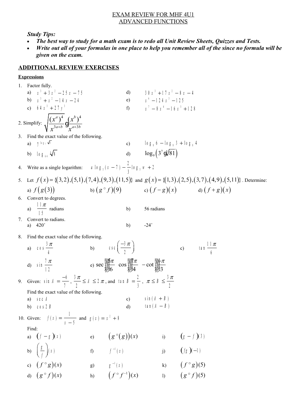 Exam Review for Mhf 4U1