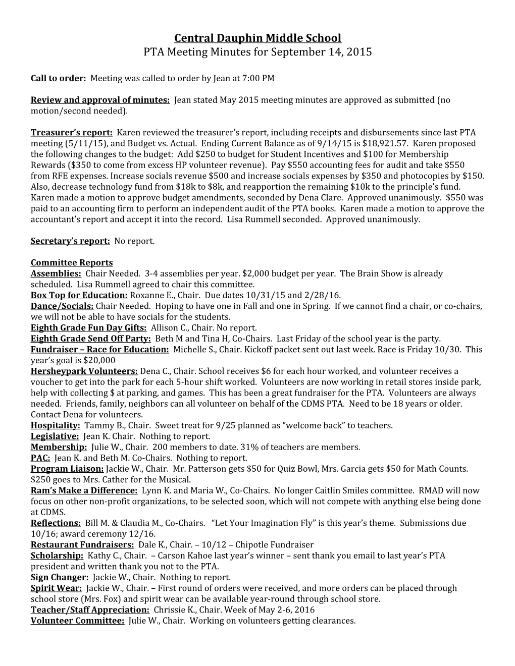 West Hanover Pta Meeting Agenda 2008-2009