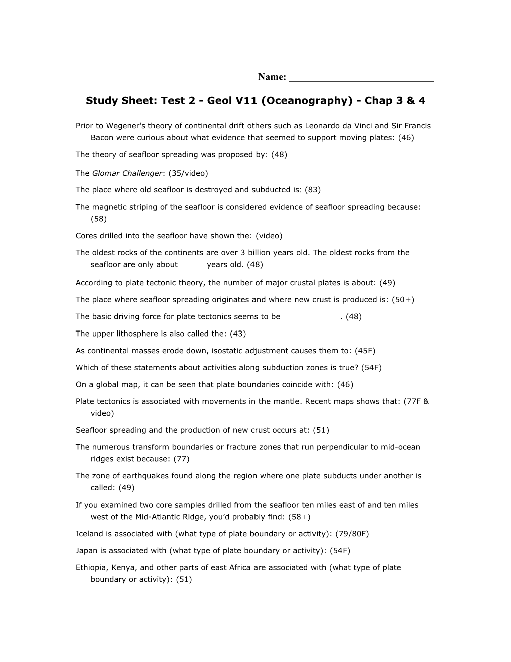 Study Sheet: Test 2 - Geol V11 (Oceanography) - Chap 3 & 4