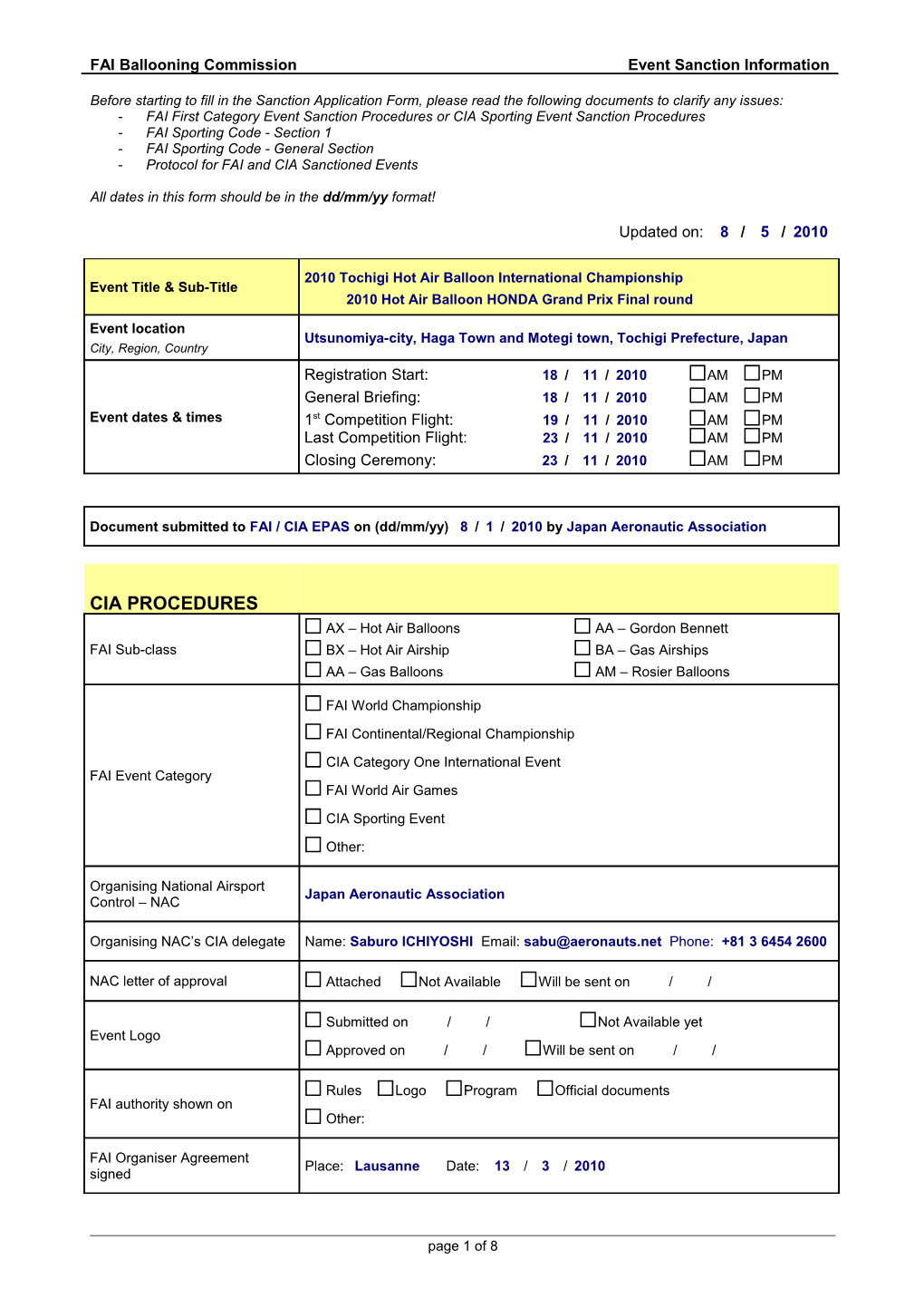 FAI First Category Event Sanction Procedures Or CIA Sporting Event Sanction Procedures