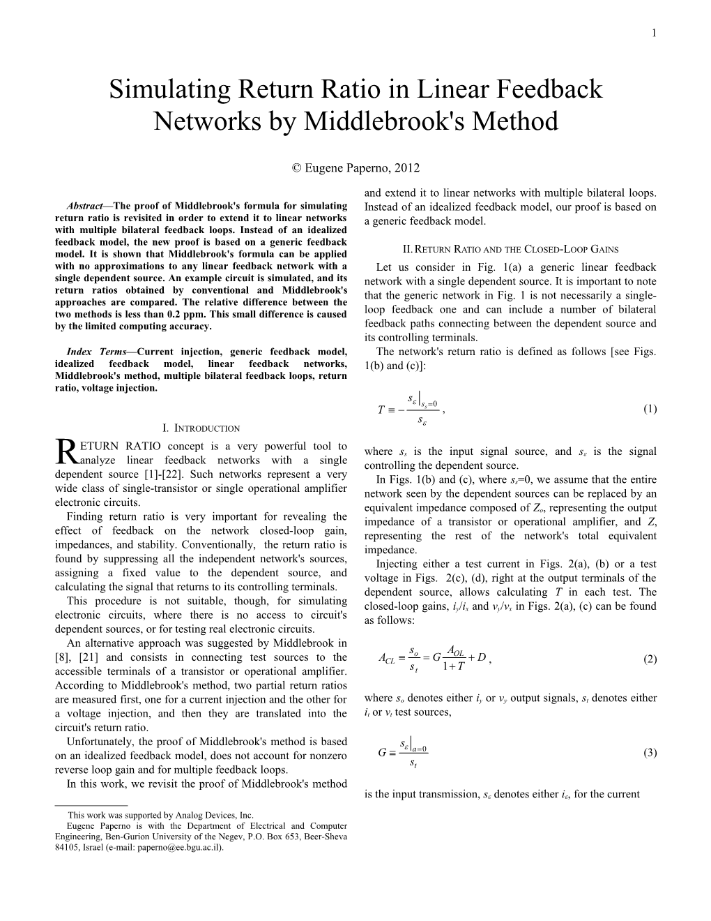 Simulating Return Ratio in Linear Feedback Networks by Middlebrook's Method