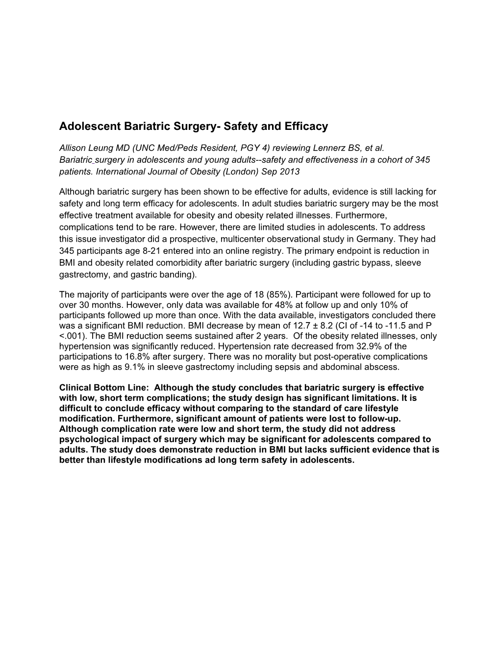 Adolescent Bariatric Surgery- Safety and Efficacy