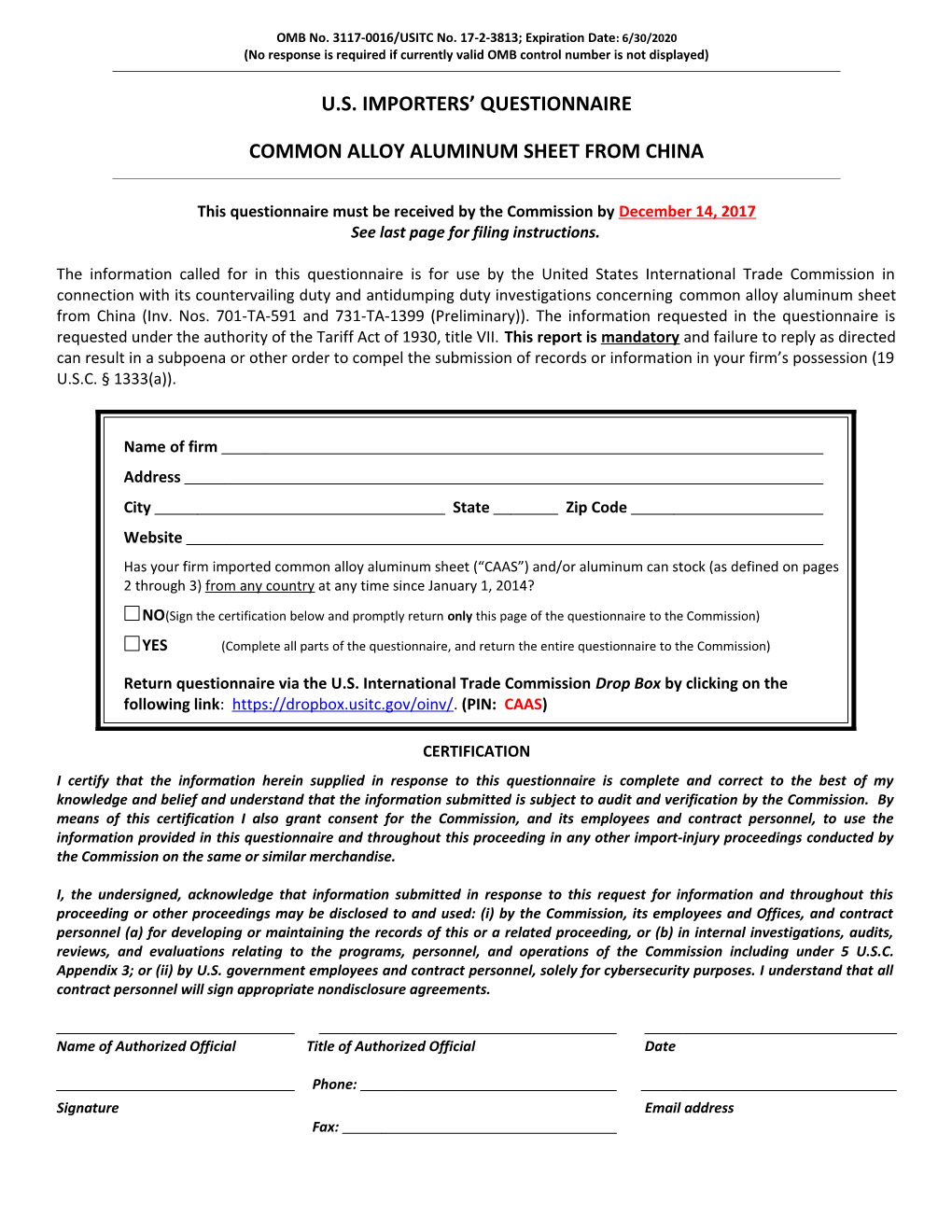 OMB No. 3117-0016/USITC No. 17-2-3813; Expiration Date: 6/30/2020