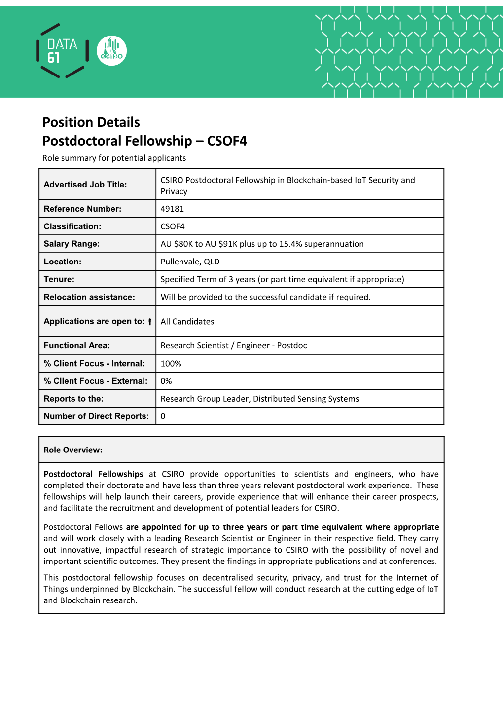 Position Details - Postdoctoral Fellowship - CSOF4 s2