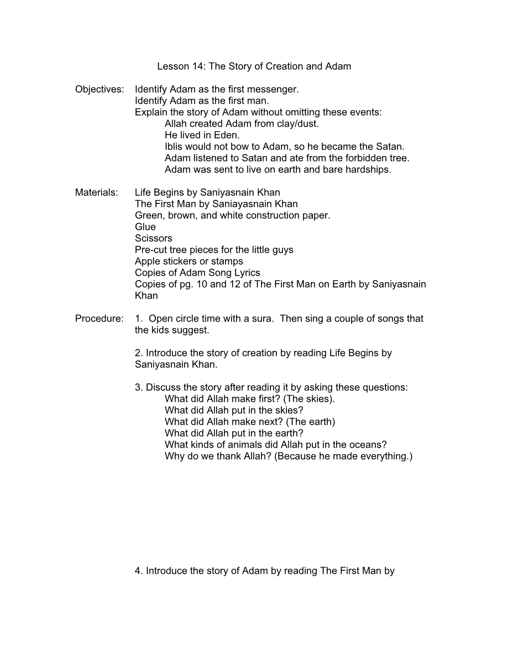 Lesson 14: the Story of Creation and Adam