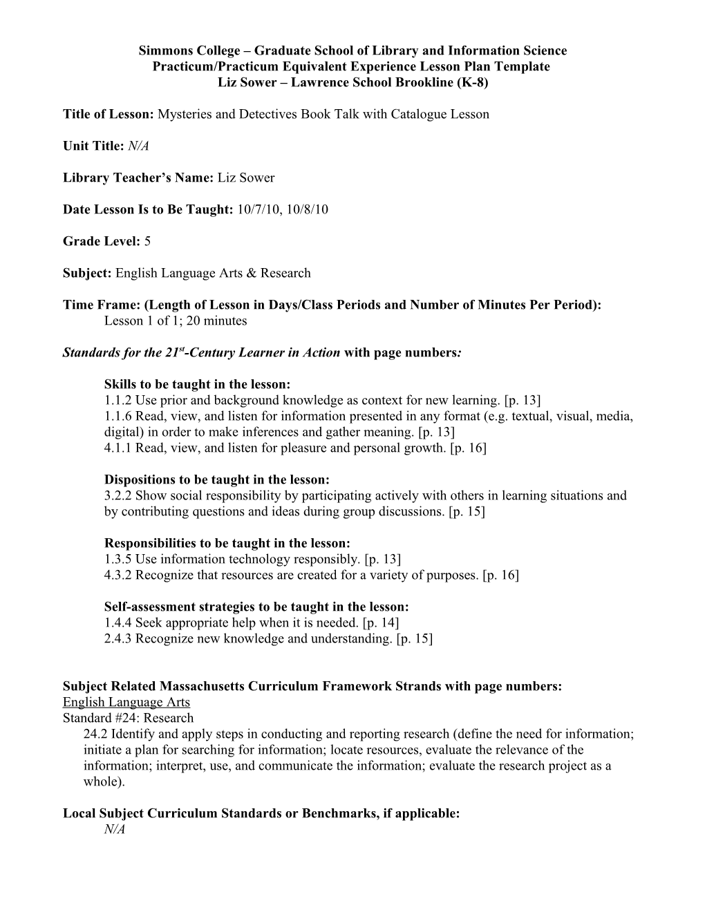 Lesson Plan Template LIS 431 Instructional Strategies for Effective Teaching and Learning
