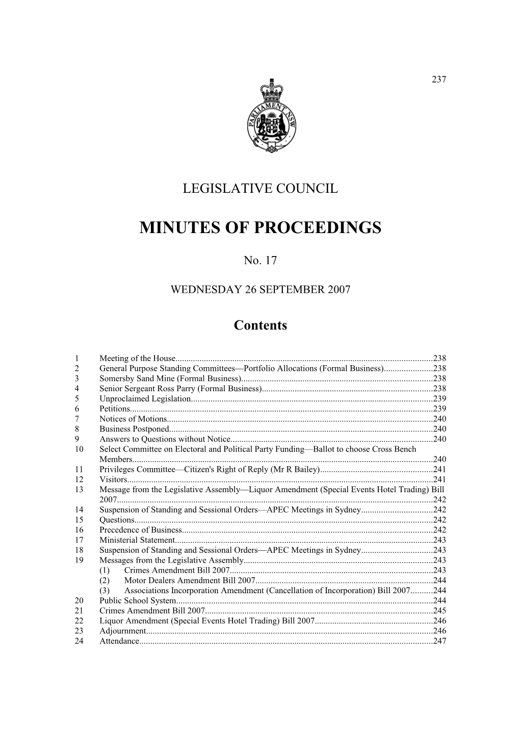 Legislative Council Minutes No. 17 Wednesday 26 September 2007