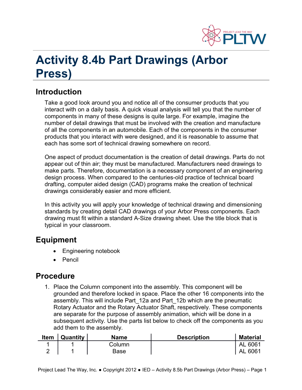 Activity 8.5B Part Drawings (Arbor Press)