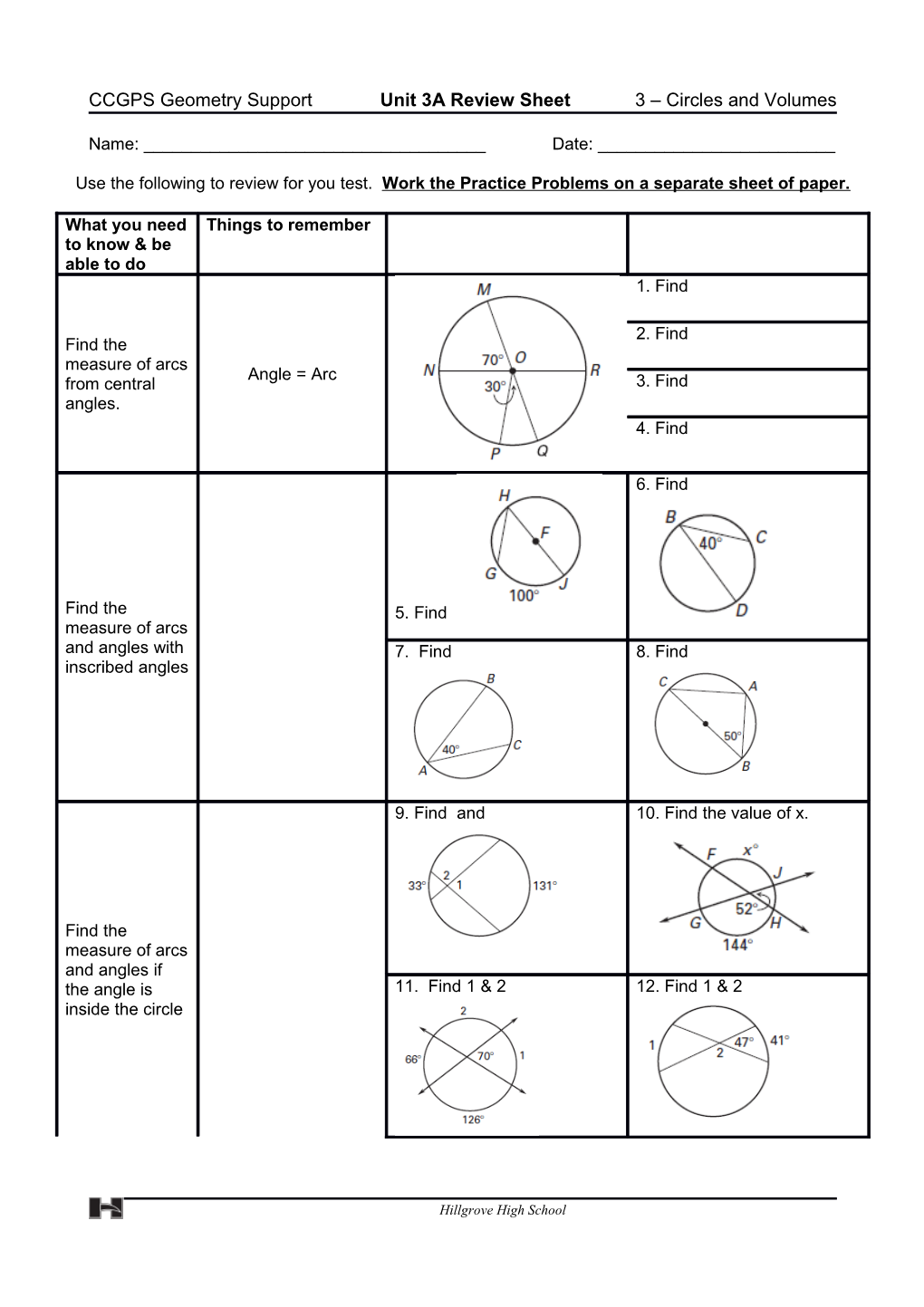 CCGPS Geometry Support Unit 3A Review Sheet 3 Circles and Volumes