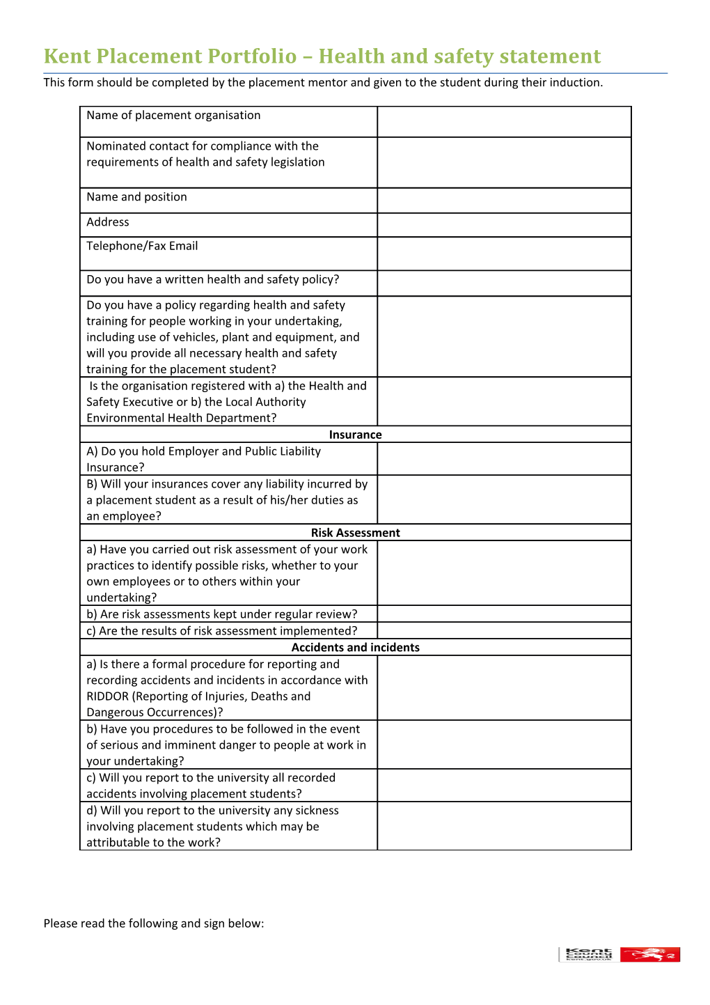 Kent Placement Portfolio Health and Safety Statement