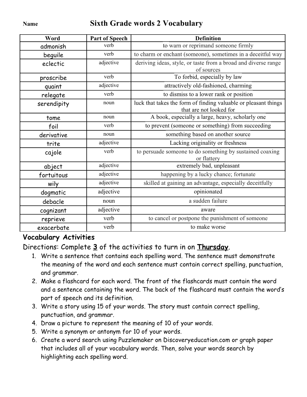 Name Sixth Grade Words 2 Vocabulary