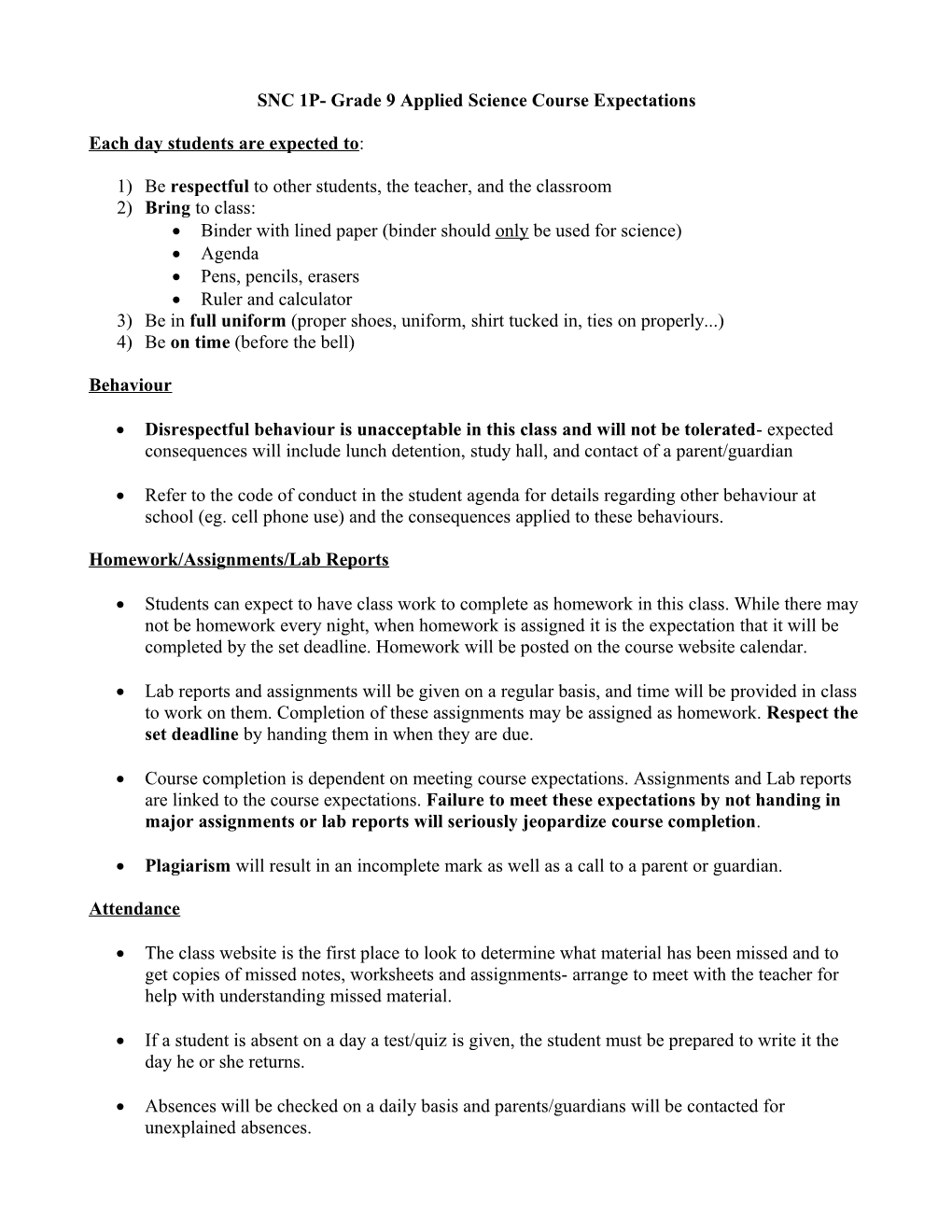 SNC 1P- Grade 9 Applied Science Course Expectations