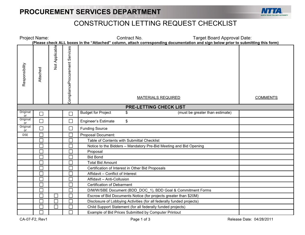 Construction Letting Request Check List