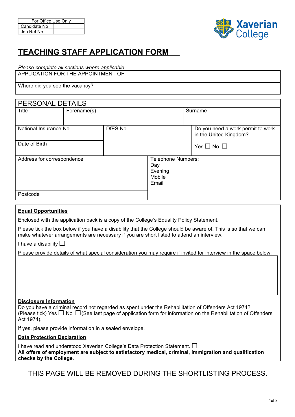 Teaching Staff Application Form