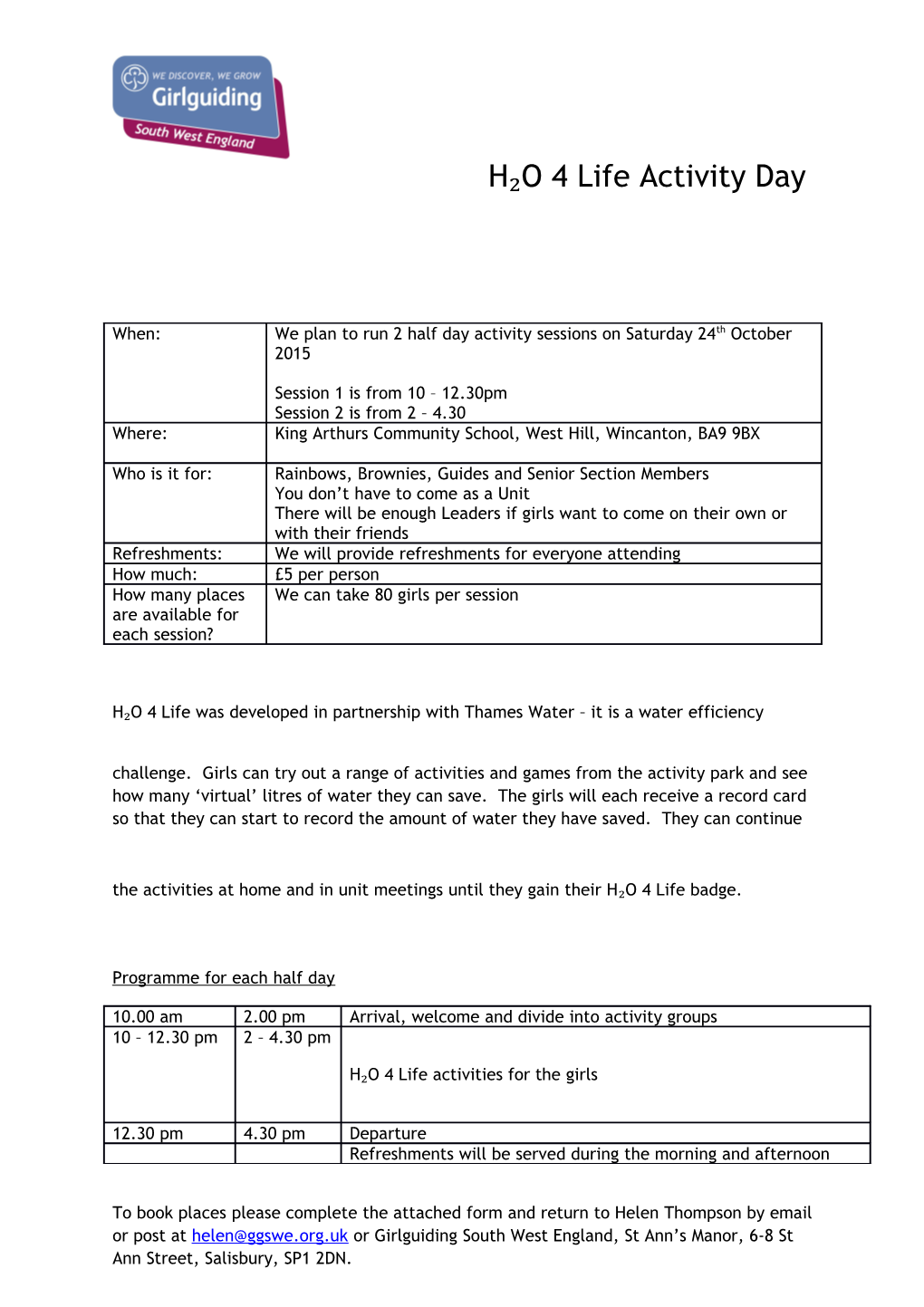 Programme for Each Half Day