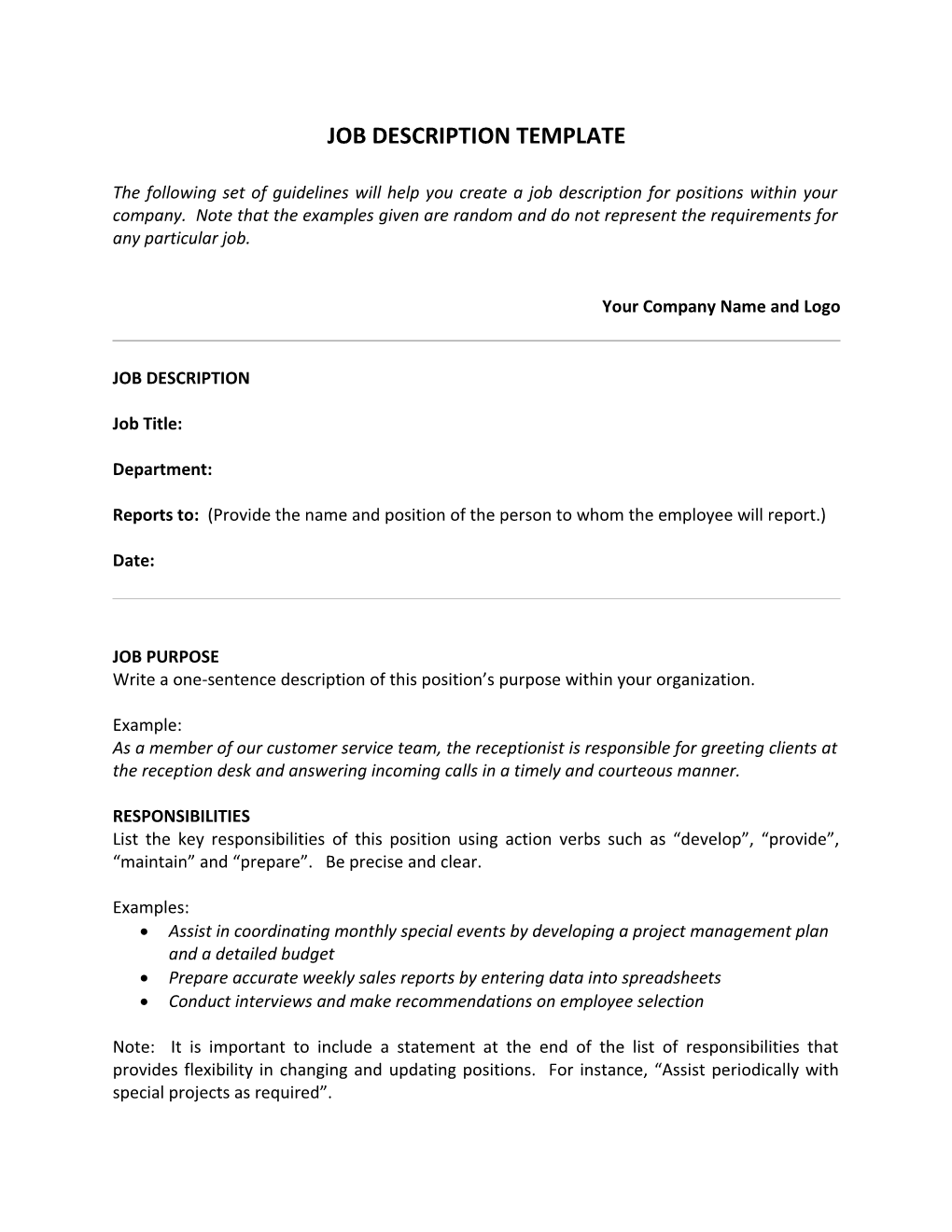 Job Description Sample Form