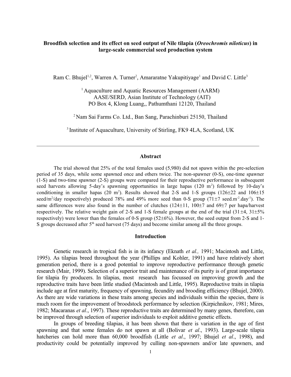 Broodfish Selection and Its Effect on Seed Output of Nile Tilapia (Oreochromis Niloticus)