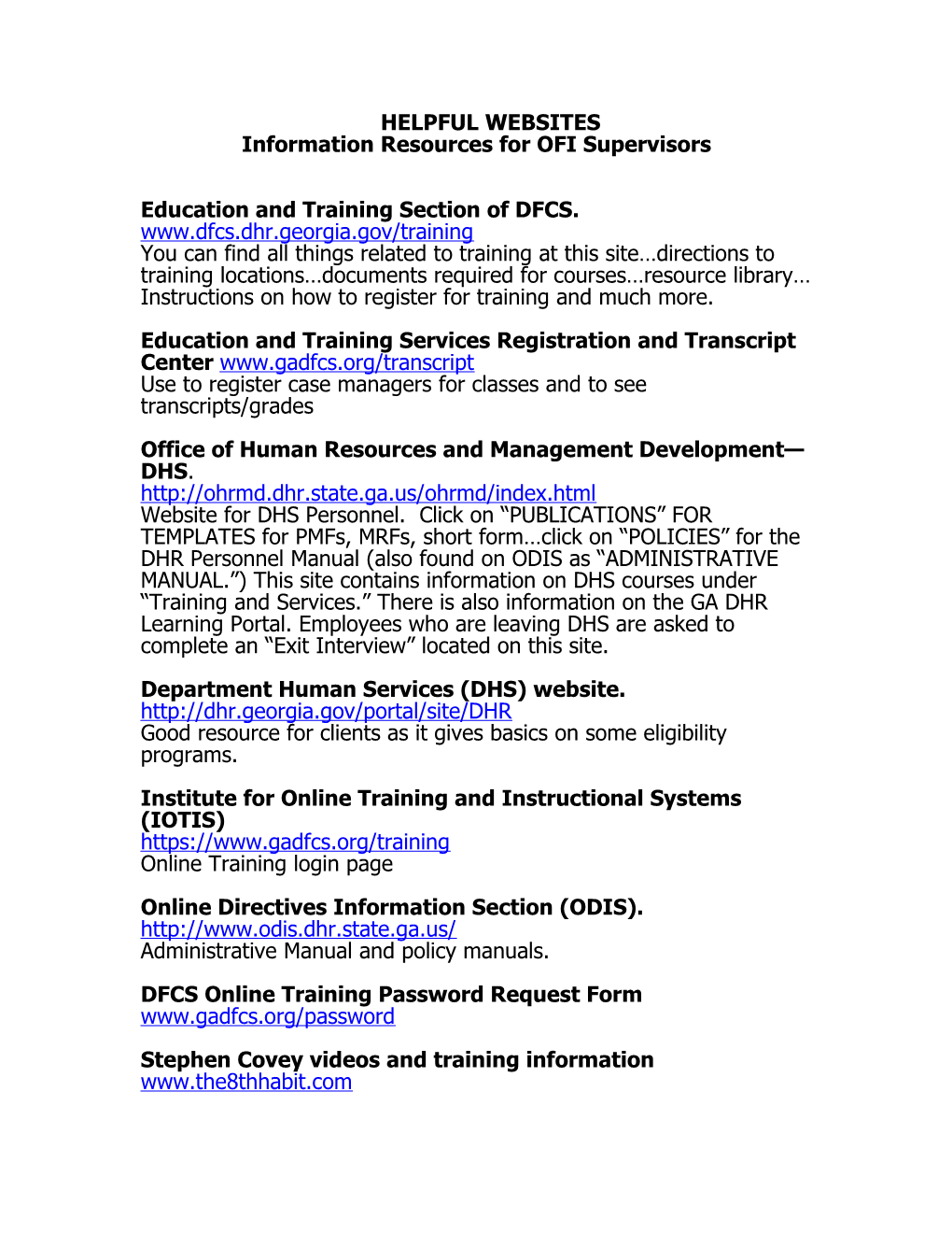 Information Resources for OFI Supervisors