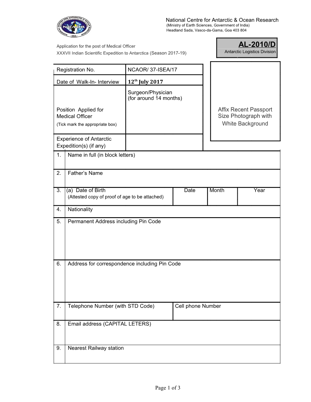 Application for the Post of Medical Officer