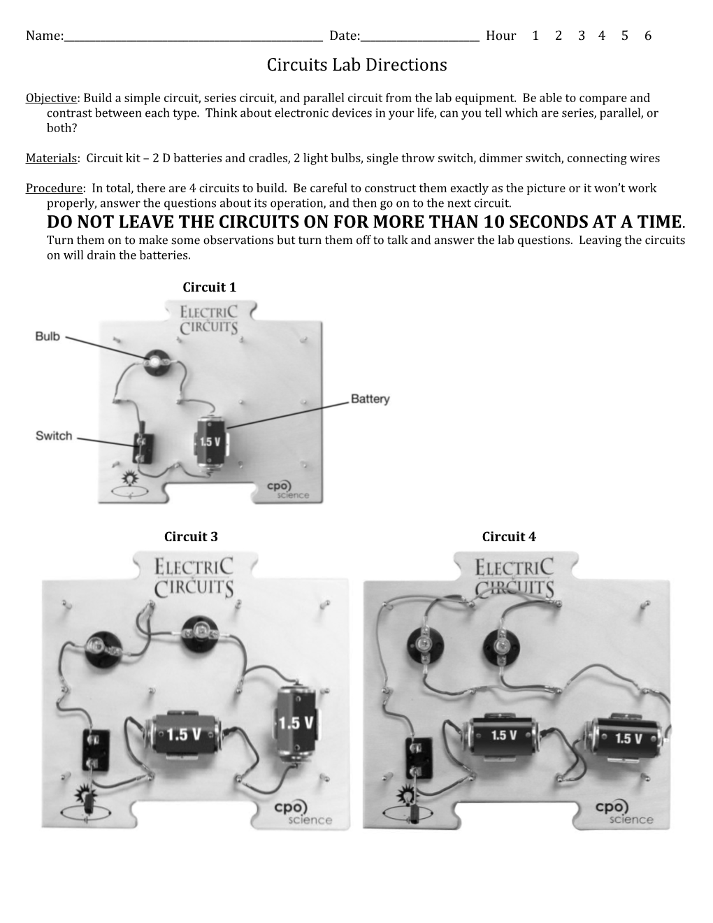 Circuits Lab Directions