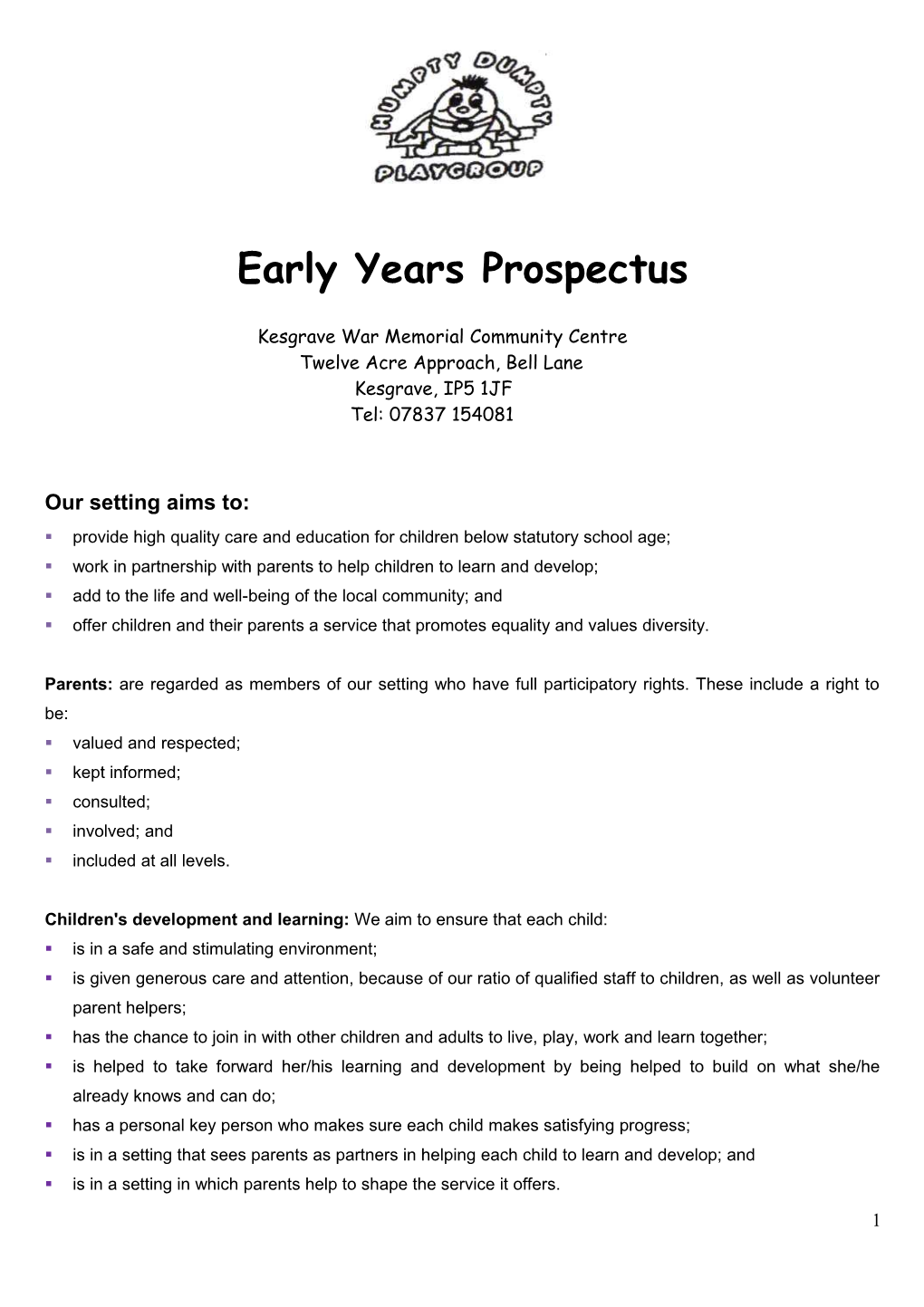 Early Years Setting Prospectus