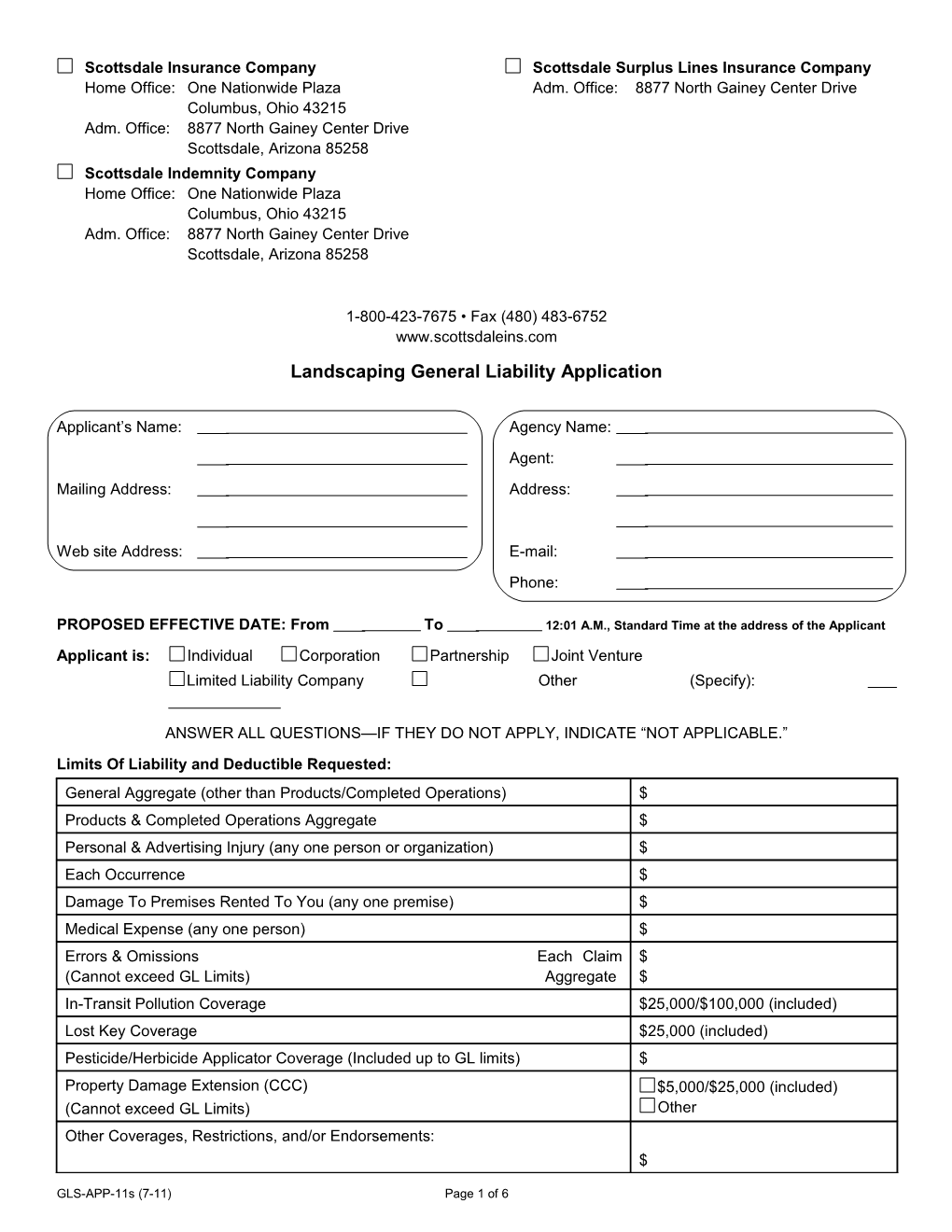 Landscaping General Liability Application