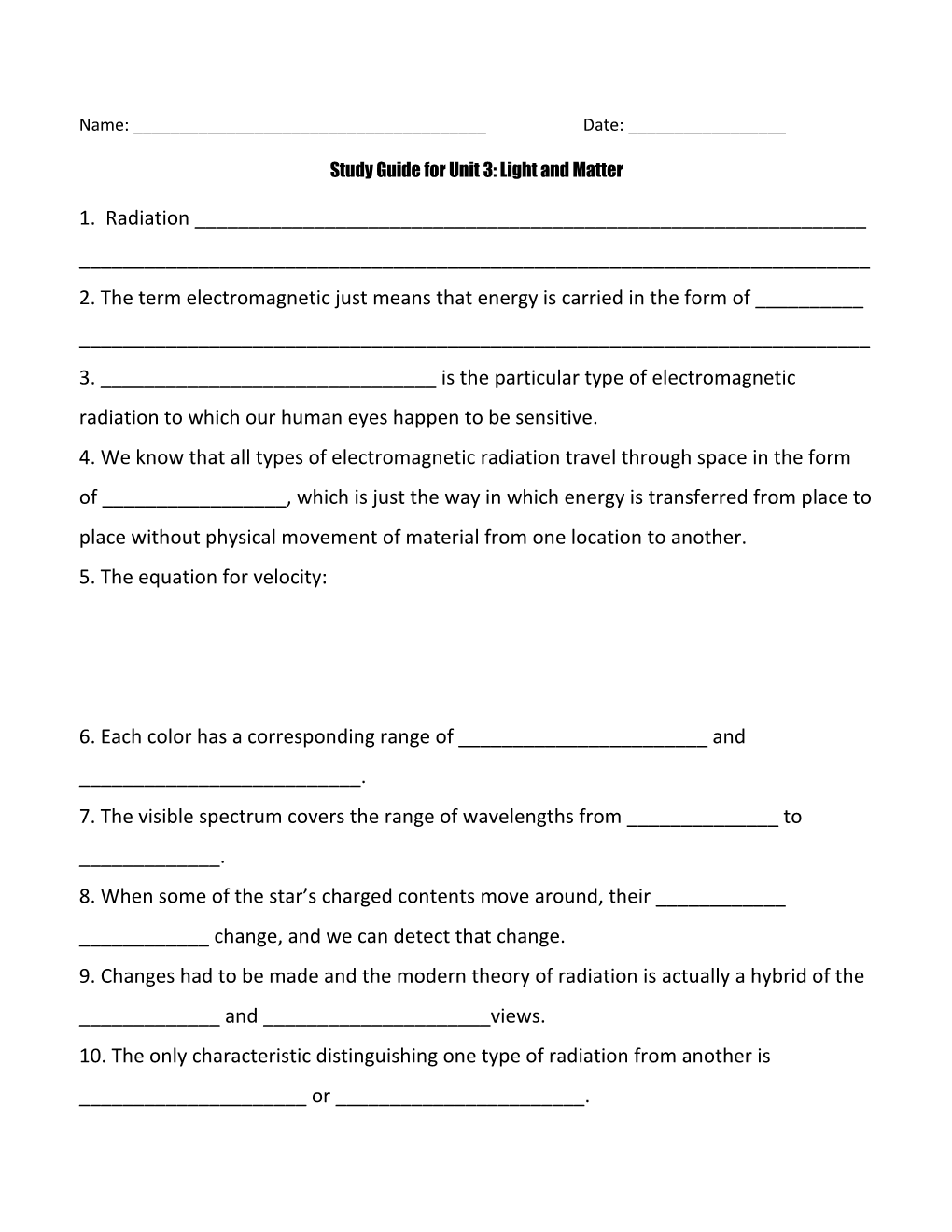 Study Guide for Unit 3: Light and Matter