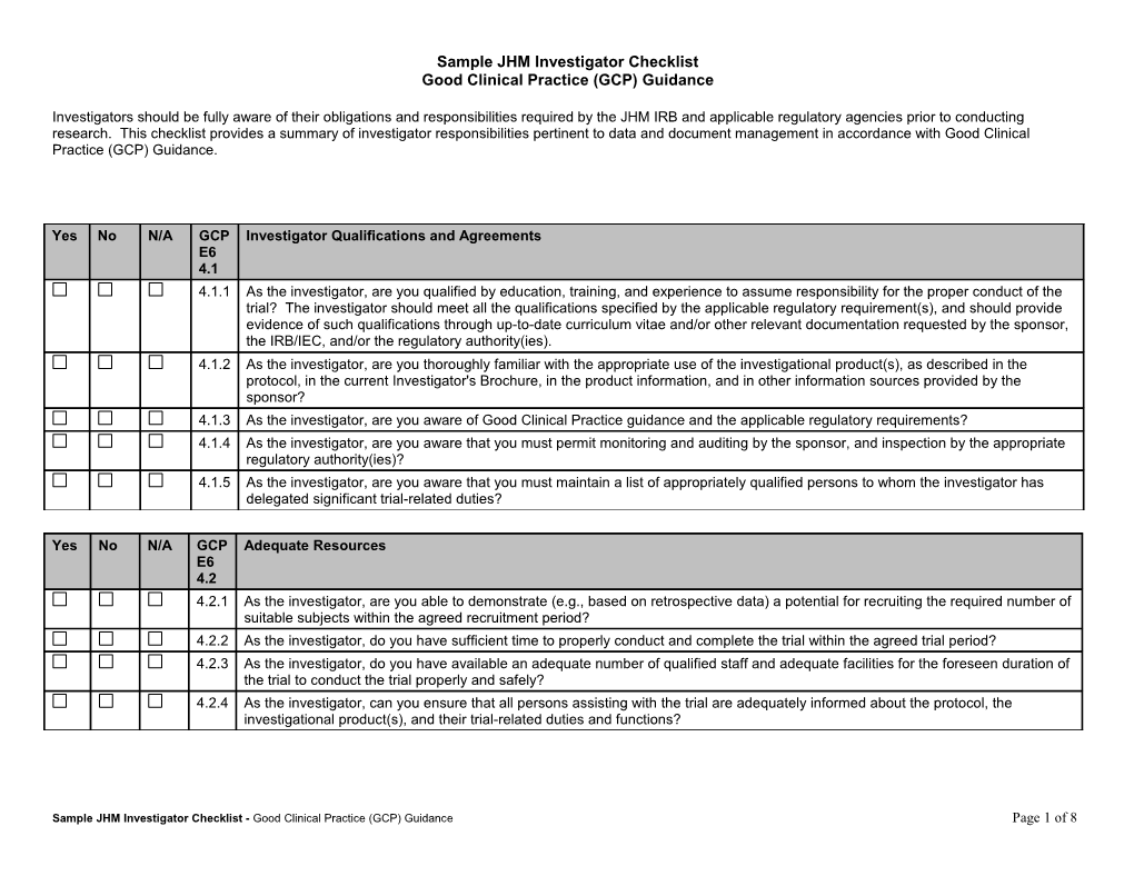 Sample JHM Investigator Checklist