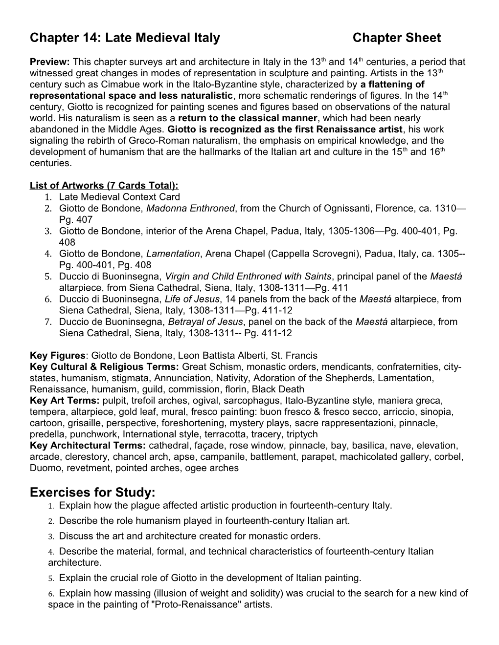 Chapter 14: Late Medieval Italy Chapter Sheet