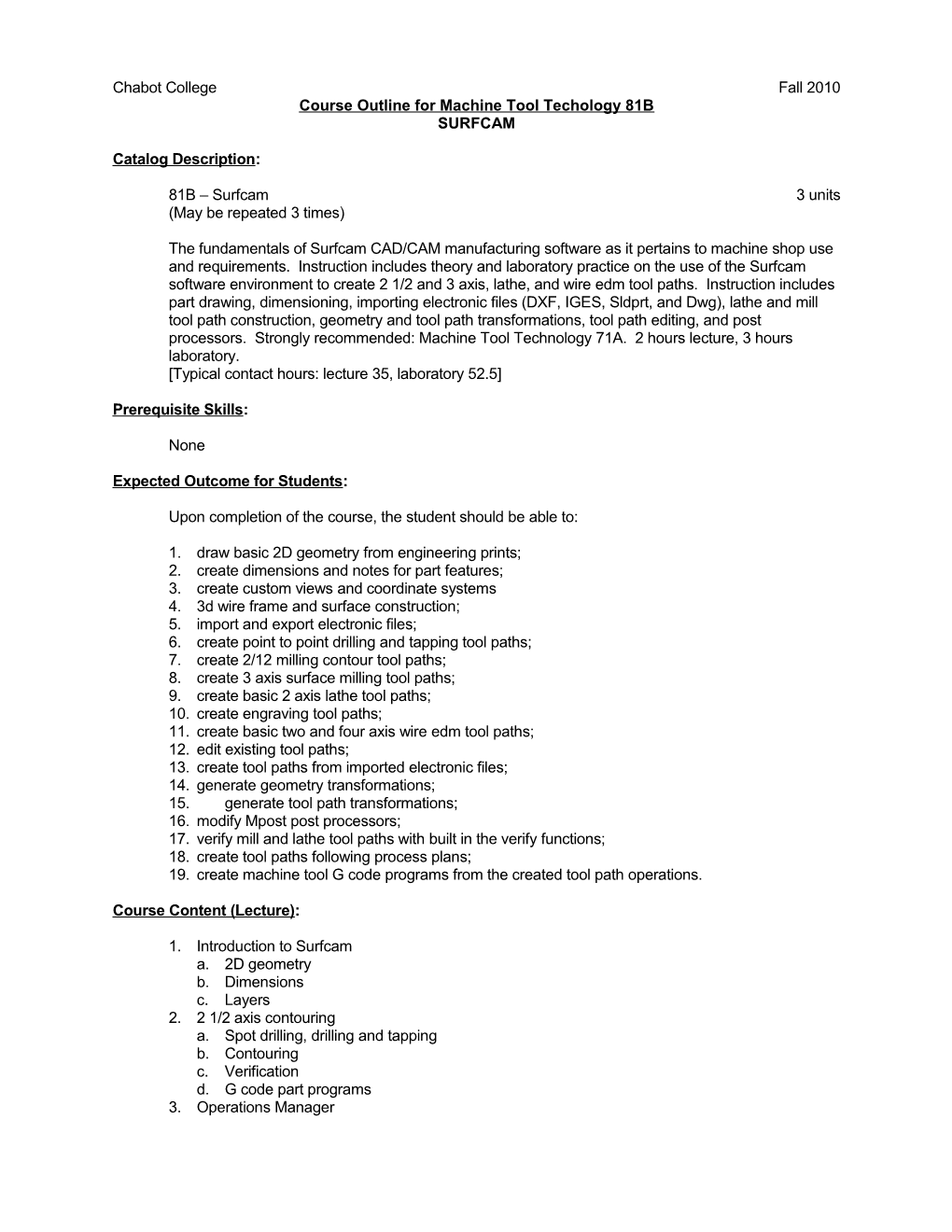 Course Outline for Machine Tool Technology 81B - Page 1