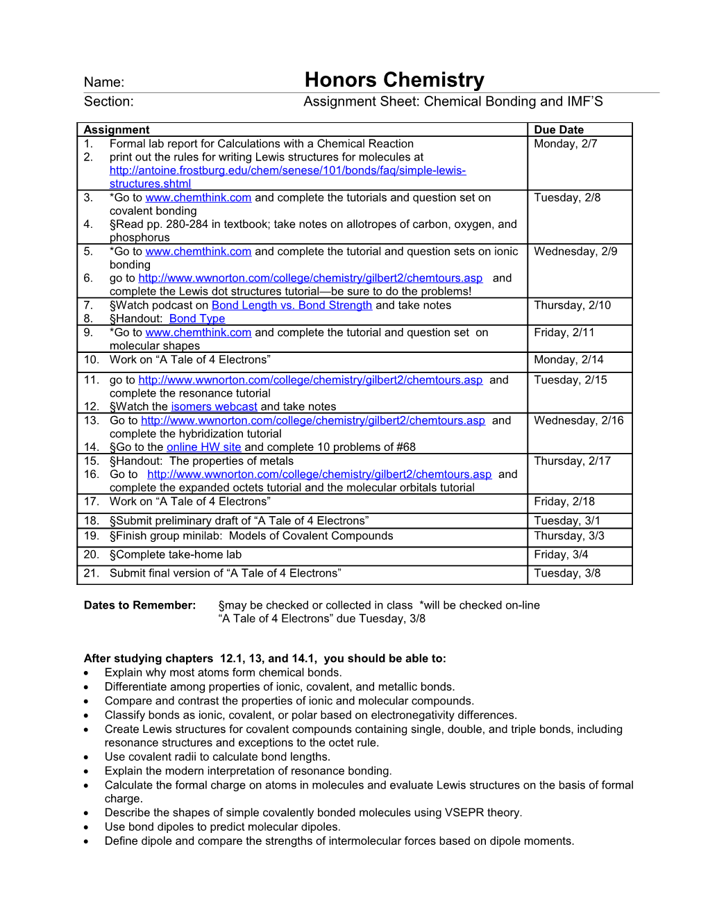 Honors Chemical Bonding Assignment Sheet