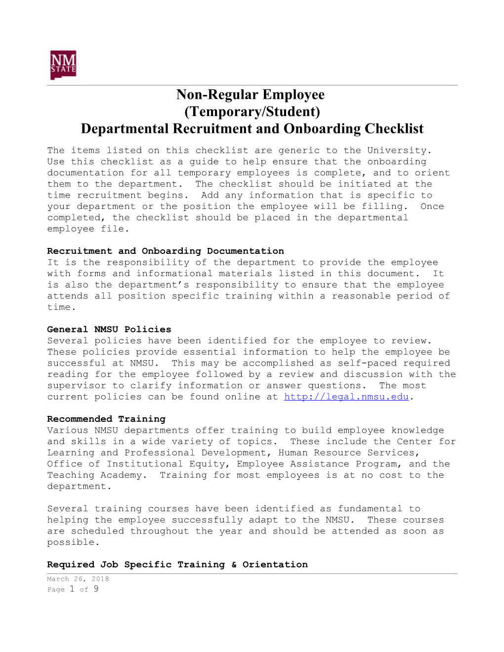 Departmental Recruitment and Onboarding Checklist