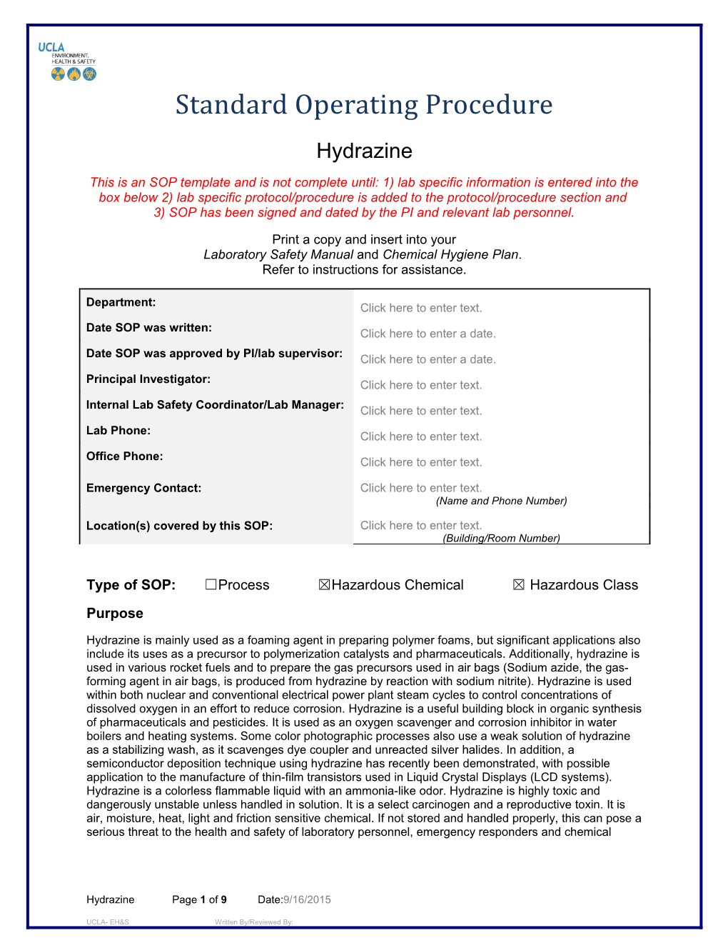Type of SOP: Process Hazardous Chemical Hazardous Class s2