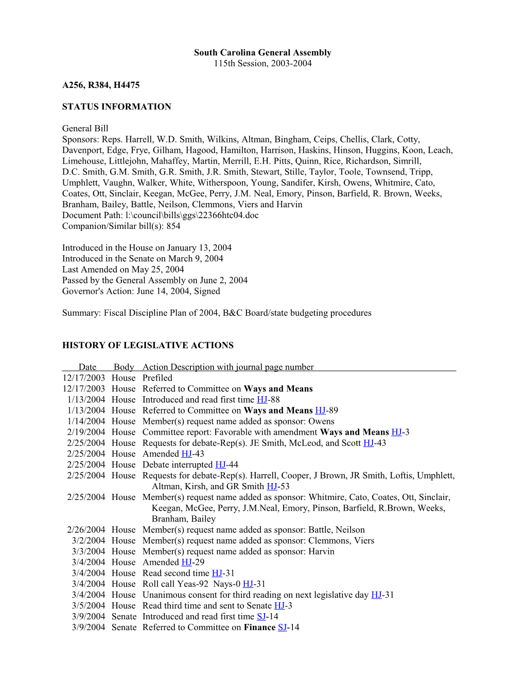 2003-2004 Bill 4475: Fiscal Discipline Plan of 2004, B&C Board/State Budgeting Procedures