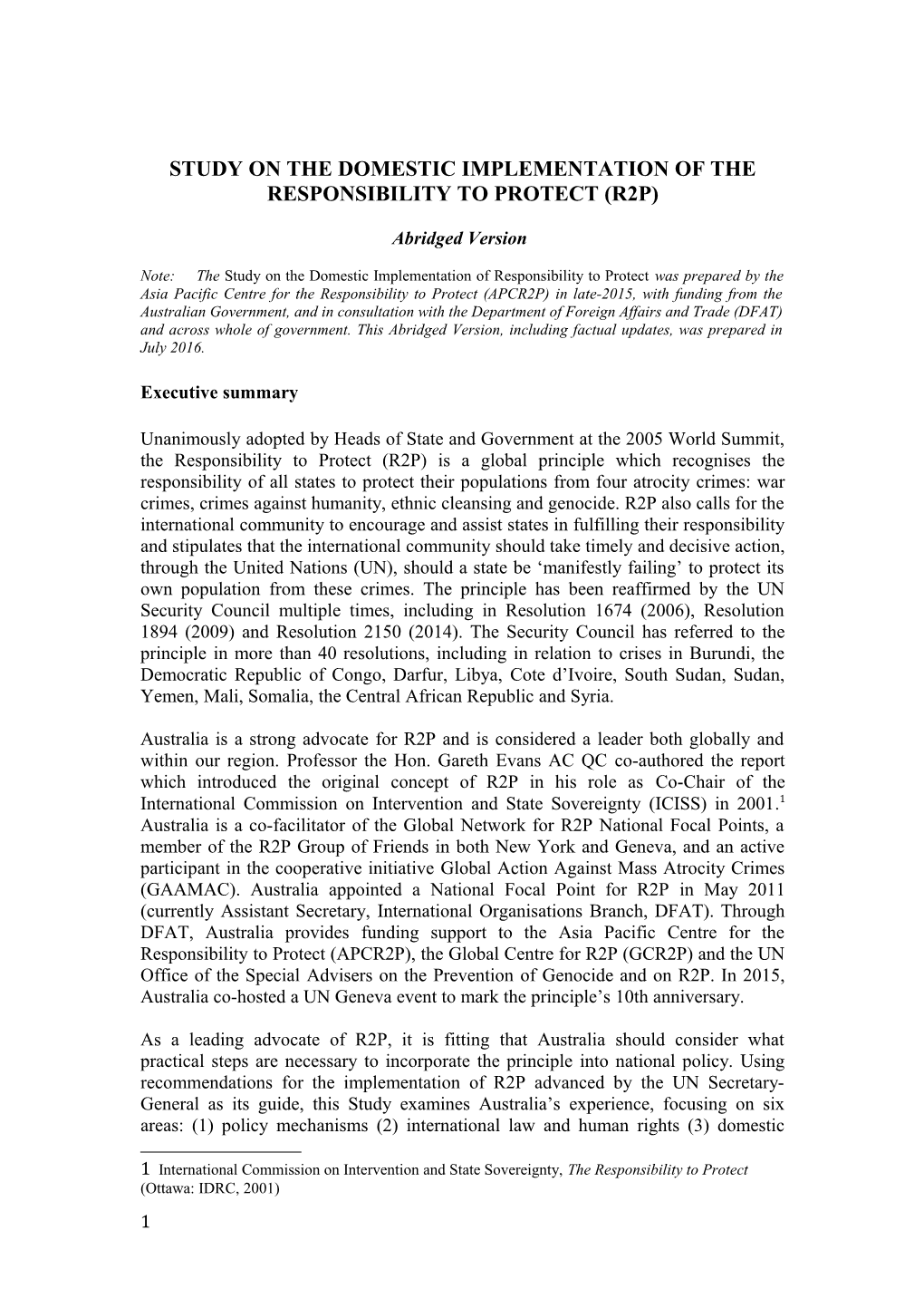 Study on the Domestic Implementation of the Responsibility to Protect (R2p)