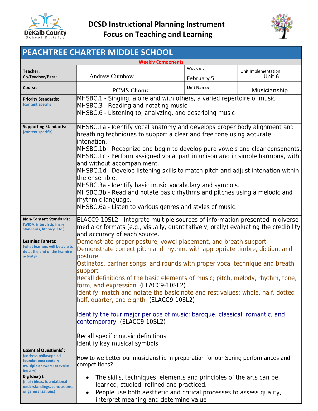 DCSD Instructional Planning Instrument Focus on Teaching and Learning